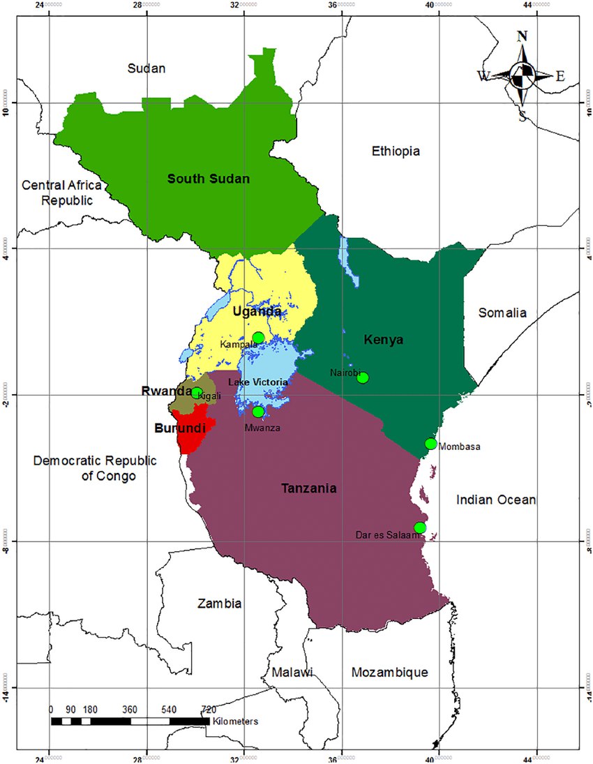 Map of East Africa and its cities