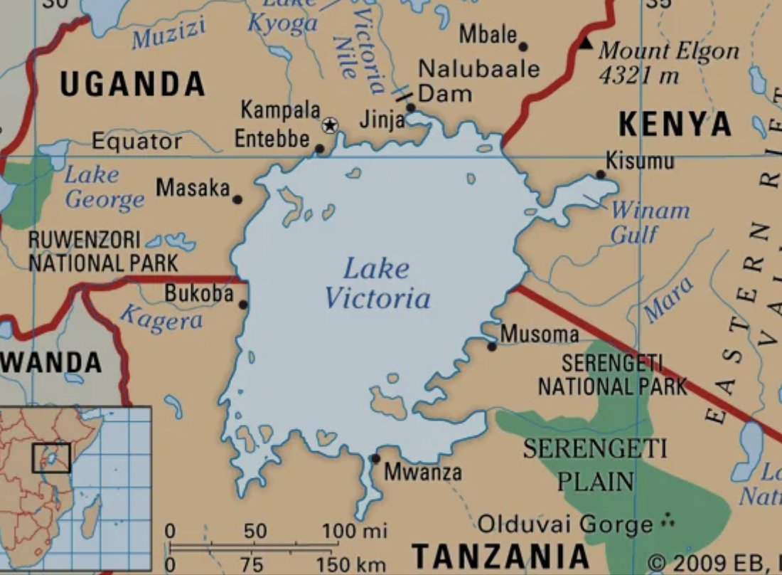 Map of Lake Victoria, showing the nearby Serengeti National Park